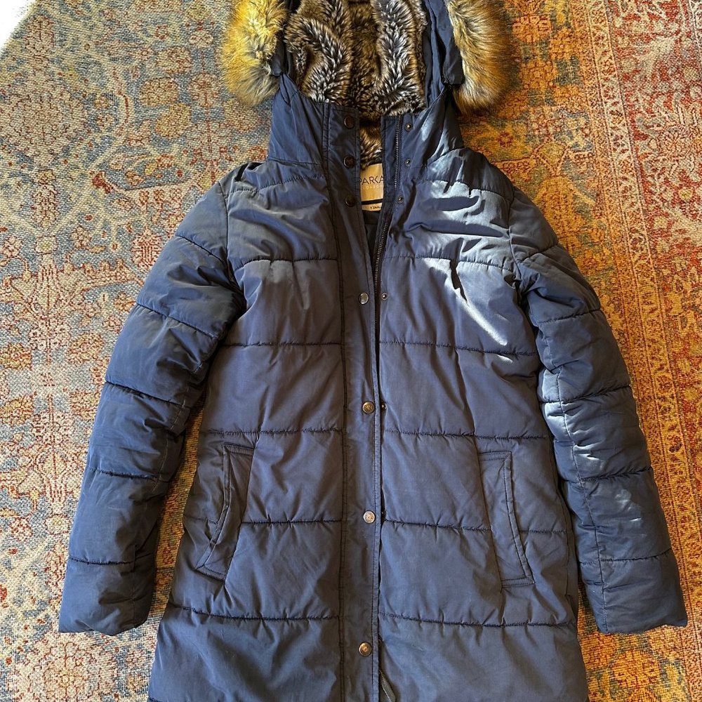 PARKA LONDON BLUE PUFFER COAT, DETACHABLE FAUX FUR, WARM! $4OO RETAIL- XS/S